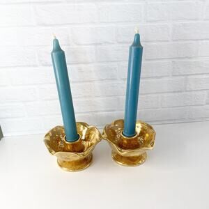 Vintage Pair Of Stangl Pottery Candle Holders Gold Decorated Ceramic MCM